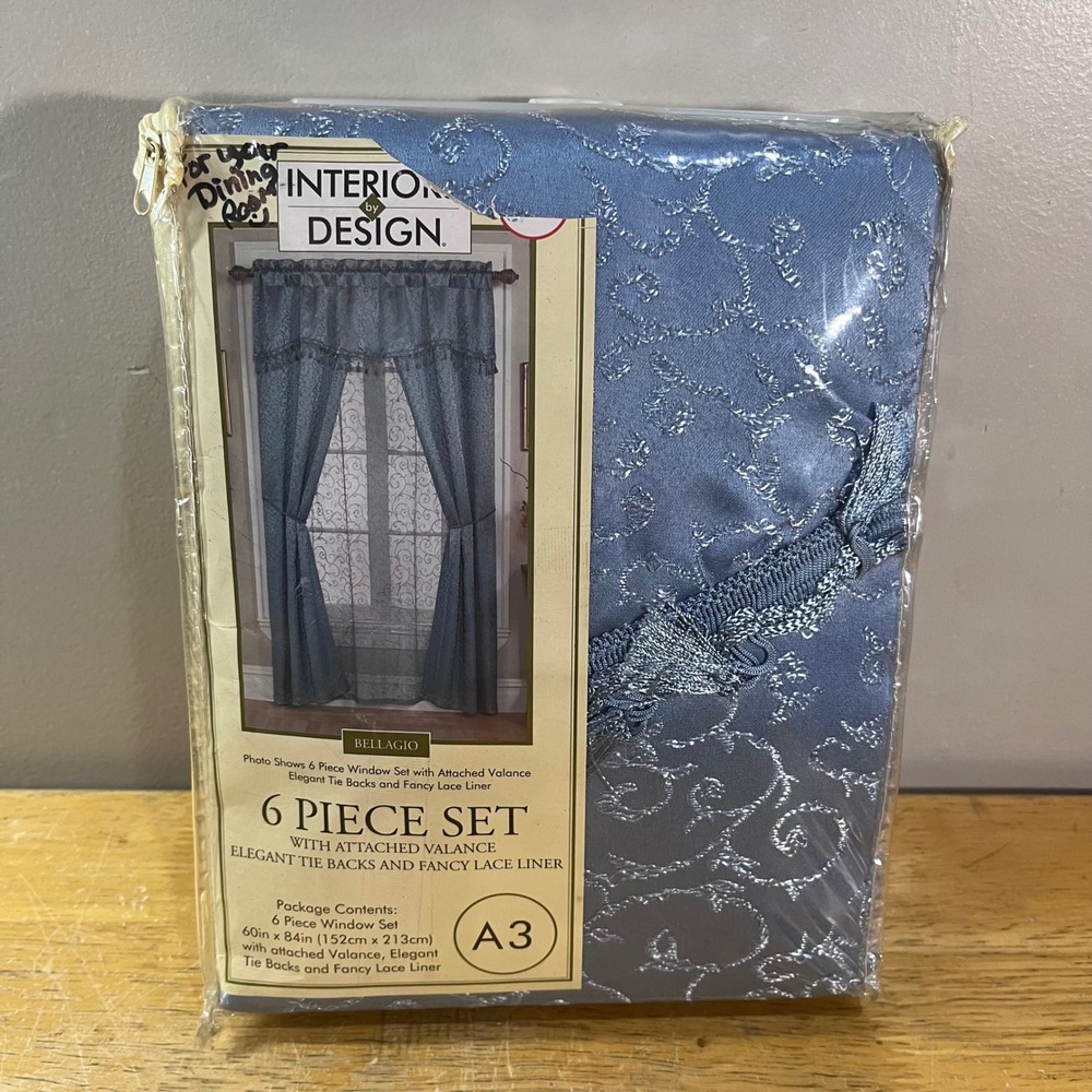 Interiors by Design Bellagio 6 Piece Window Set 60x84 Blue Elegant Damask Vtg